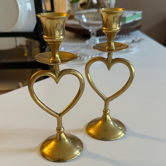 Brass Heart Candlestick Pair - Classic Gold Finish - Picture 6 of 6